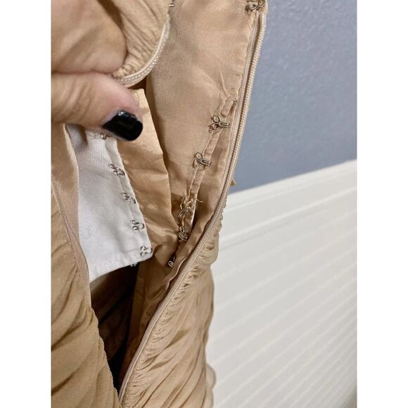 Jovani Vintage Nude Strapless Gown Ruched Bodice and Ruffle - Picture 13 of 15